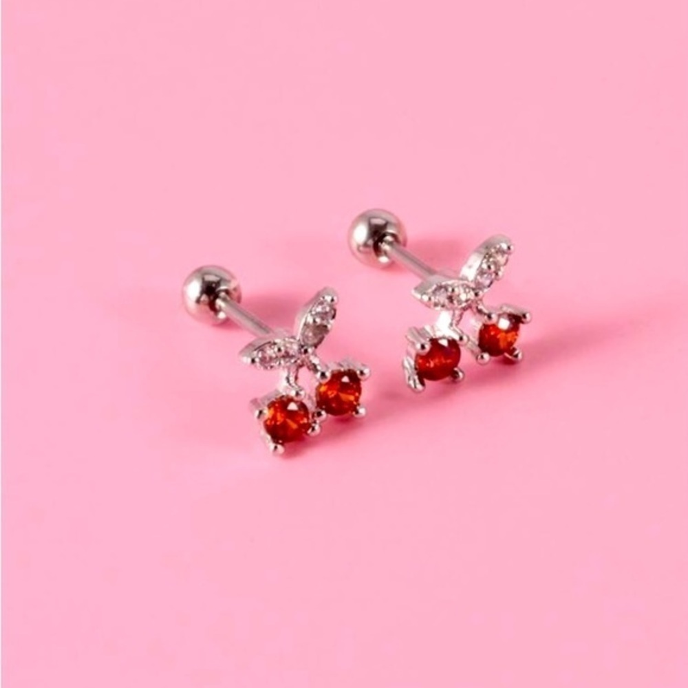 Sparkling Silver Cherry Stud Earrings – Red Rhinestone Fruit Glam!